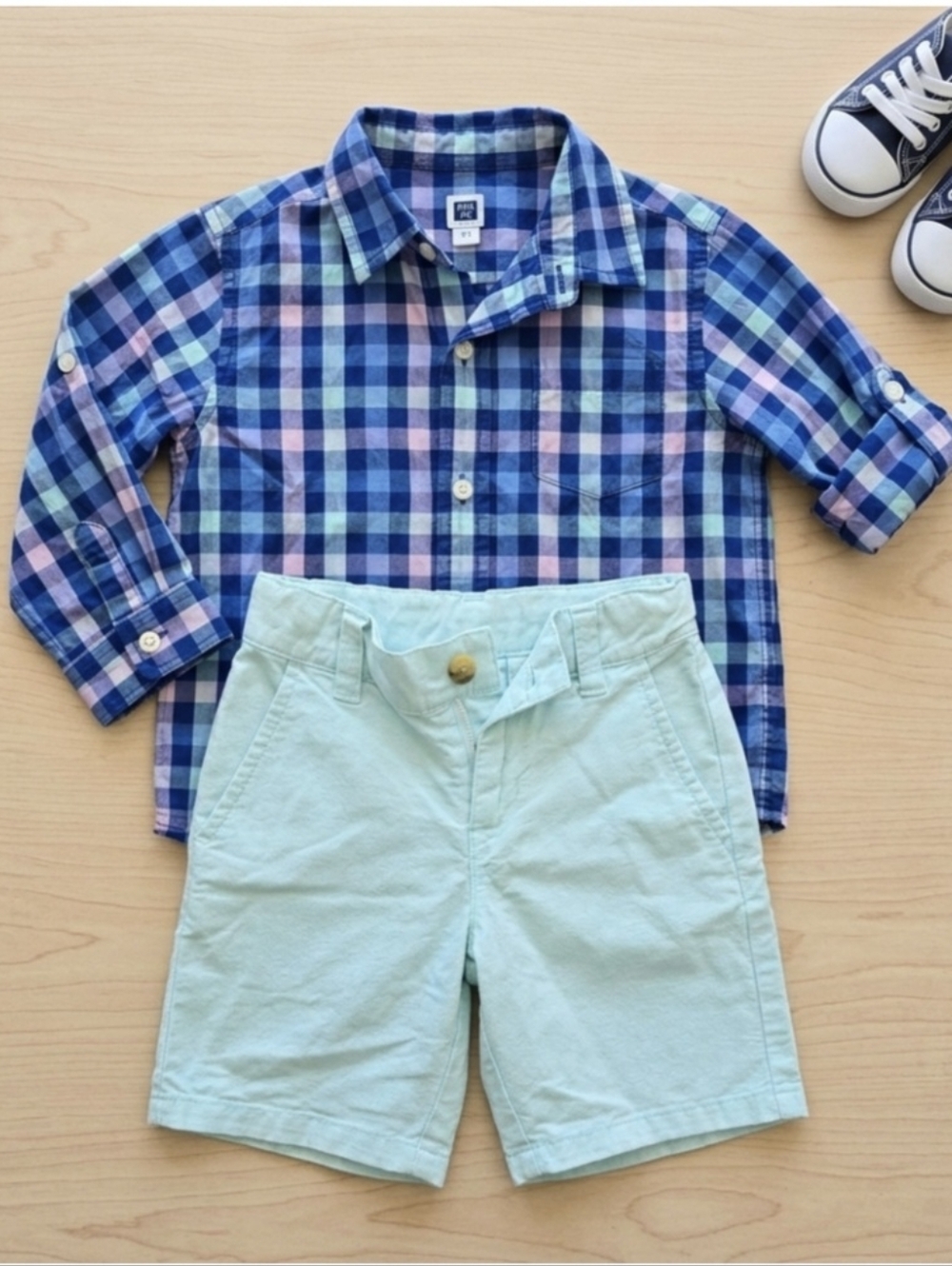 Janie and Jack Blue Plaid Button-Down with Mint Green Shorts Linen- Cotton Mix